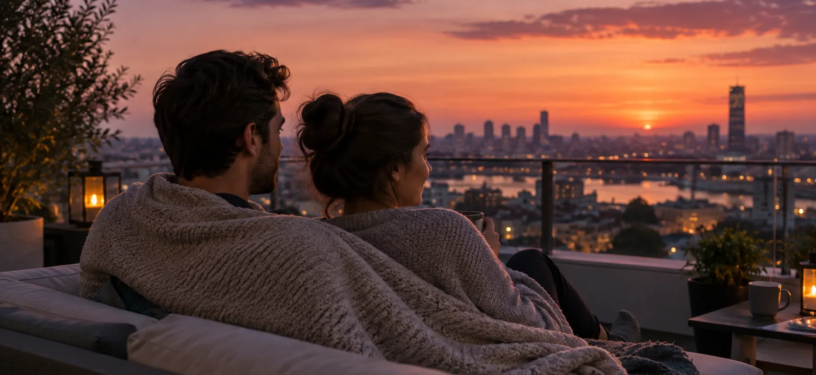 A couple wrapped in a blanket on a rooftop, watching the sunset over a city