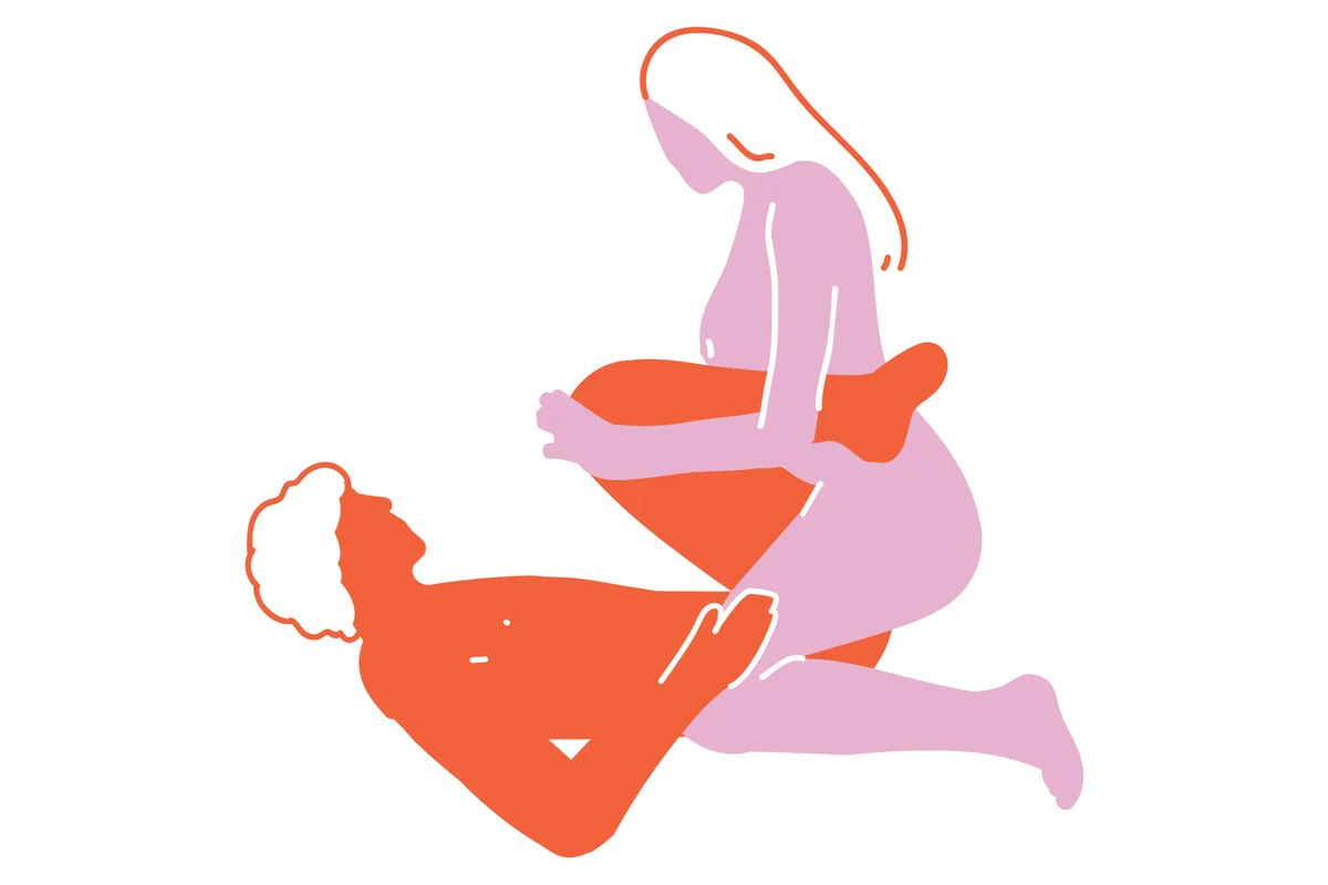 Flat illustration of the amazon position: one partner lies back with knees drawn up while the other squats on top facing them