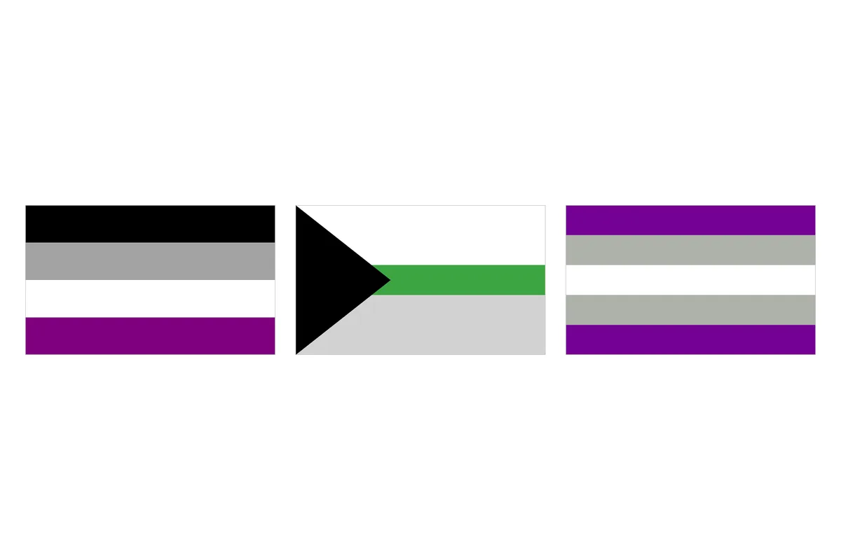 The asexual, demiromantic and grey-asexual pride flags side by side