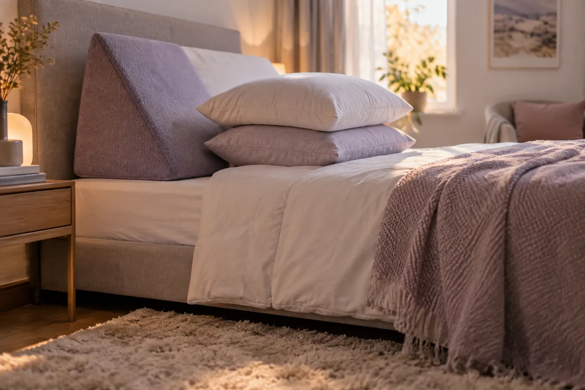 A wedge pillow and folded pillows stacked at the edge of a made bed