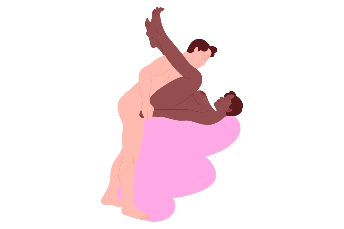 Flat illustration of the butterfly position: one partner lies on their back at the bed edge with legs raised while the other stands