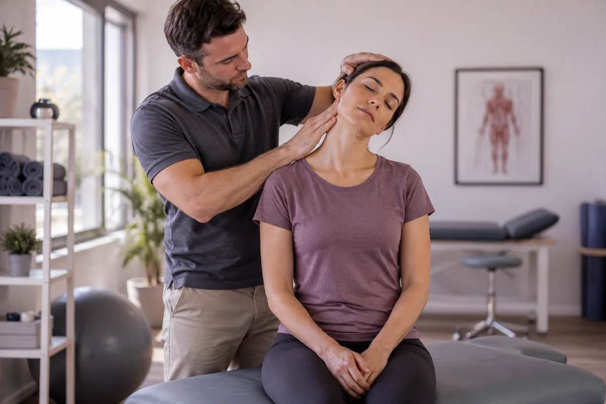 A physiotherapist examining a seated woman’s neck in a bright clinic