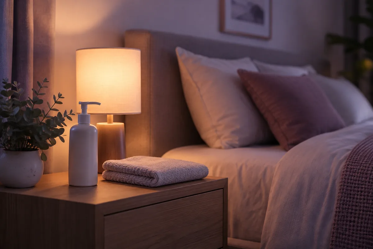 A bedside table with an unlabelled pump bottle, a folded towel and a lamp