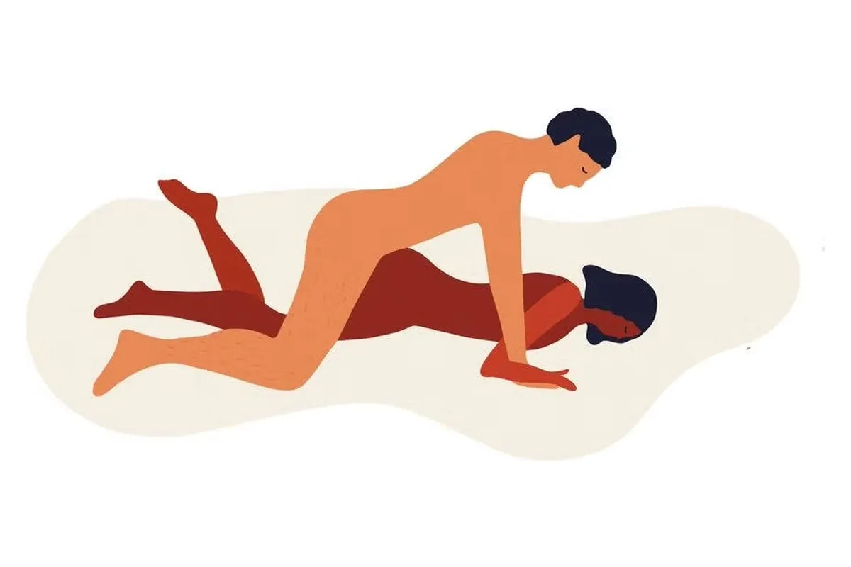 Flat illustration of the prone bone: one partner lies flat on their stomach while the other lies over them