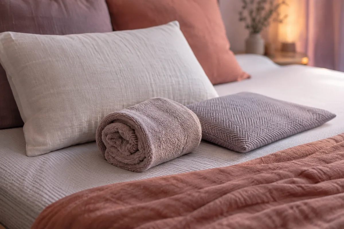 A firm pillow, a rolled towel and a flat cushion laid side by side on a mattress