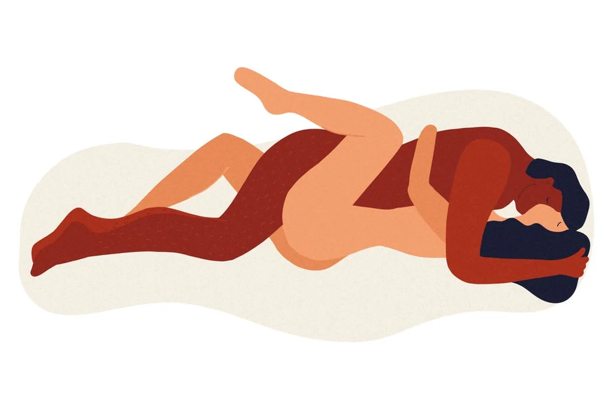 Flat illustration of the missionary position: one partner lies on their back while the other lies on top, face to face