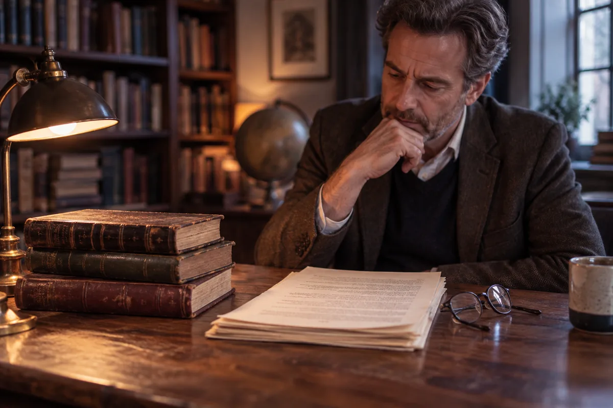 A man reading a typed research report beside old leather-bound books in a study