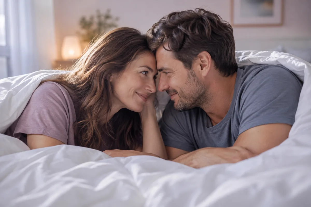 A clothed couple lying face to face under a duvet, smiling at each other