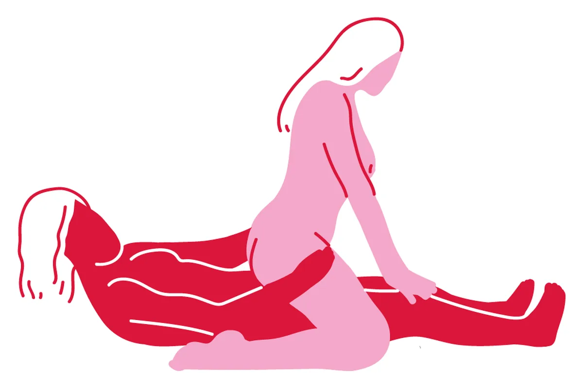 Flat illustration of reverse cowgirl: one partner lies back while the other kneels astride them facing their feet