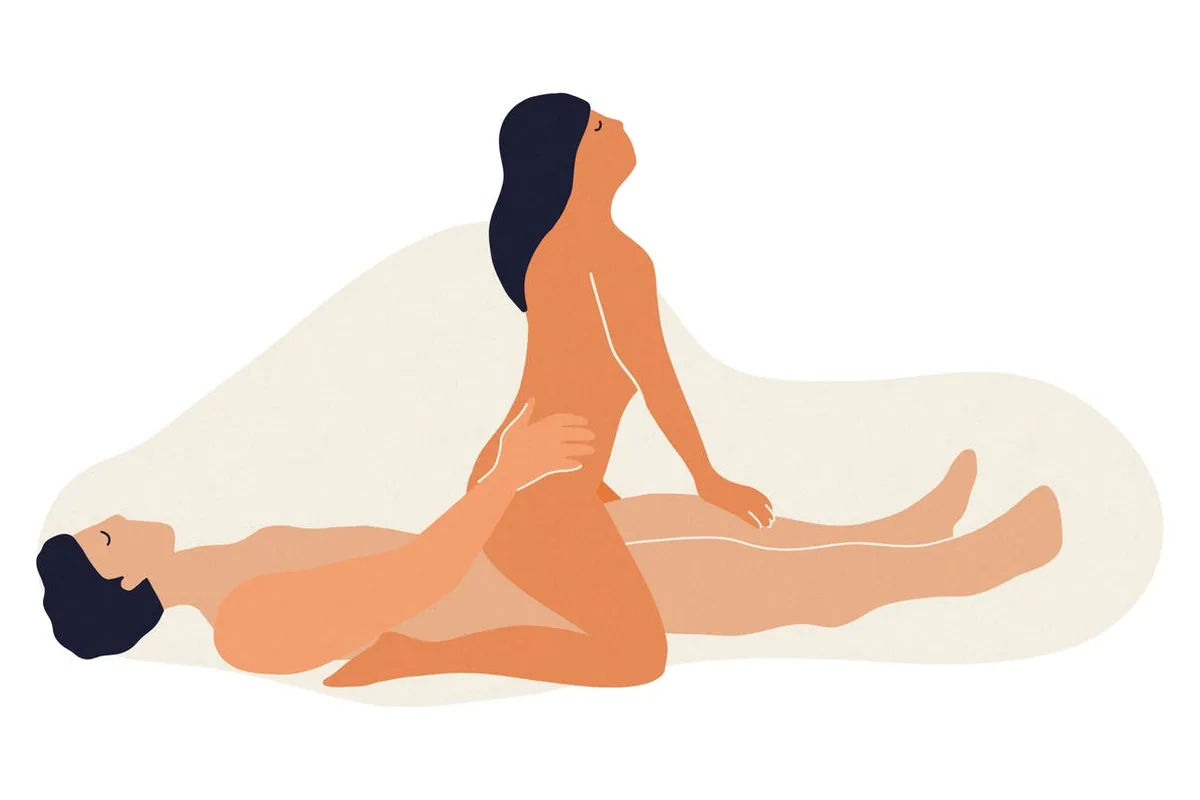 Flat illustration of the reverse cowgirl position with the top partner sitting upright, facing away
