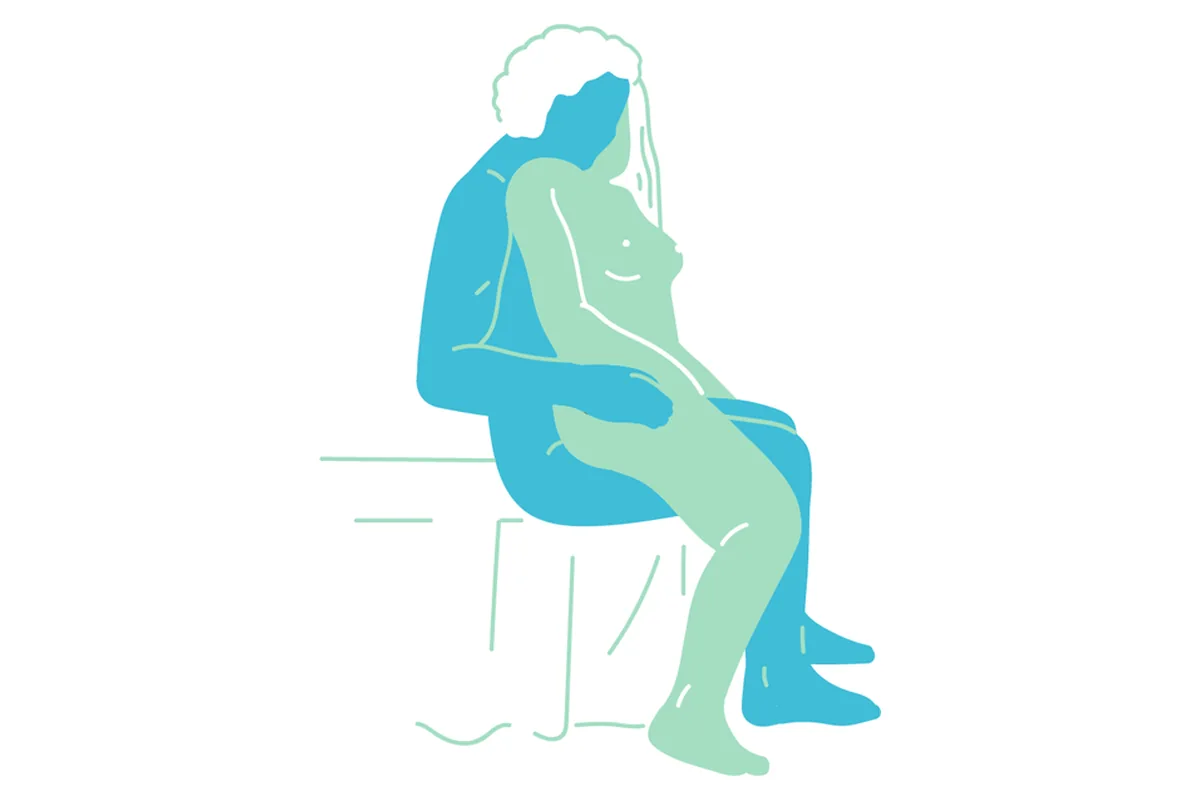 Flat illustration of reverse cowgirl on a chair: one partner sits and the other sits on their lap facing away