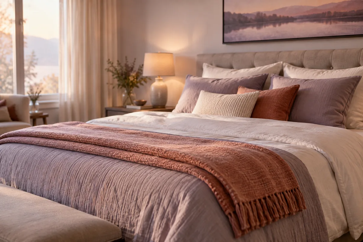 A made bed with soft pillows and a folded blanket stacked at the foot