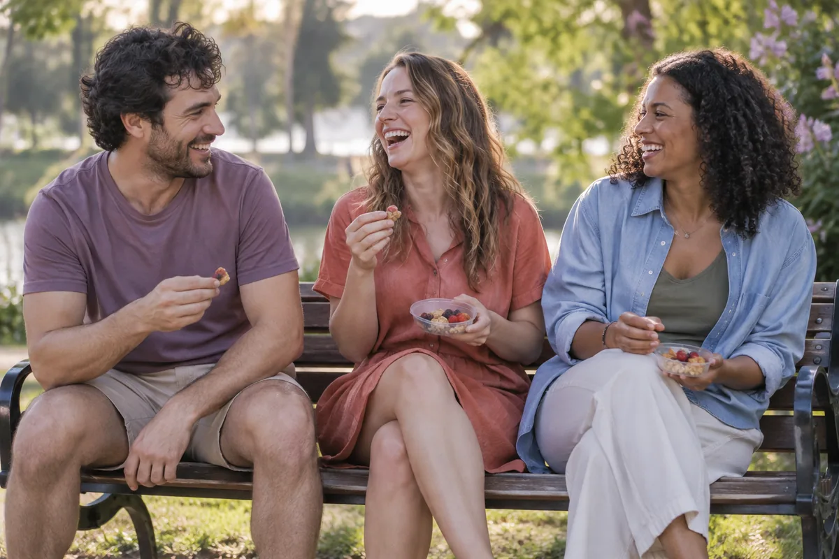 Three friends laughing together on a park bench