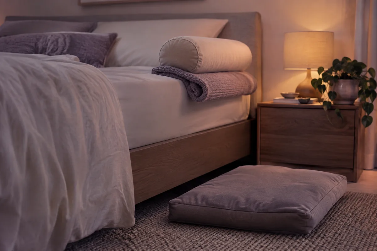 A rolled pillow and folded blanket placed at the edge of a bed as neck support