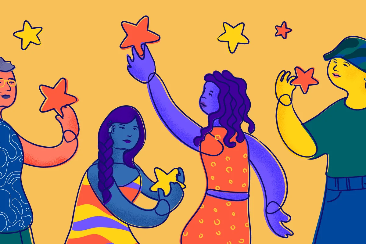 Colourful illustration of a group of friends reaching up to catch stars