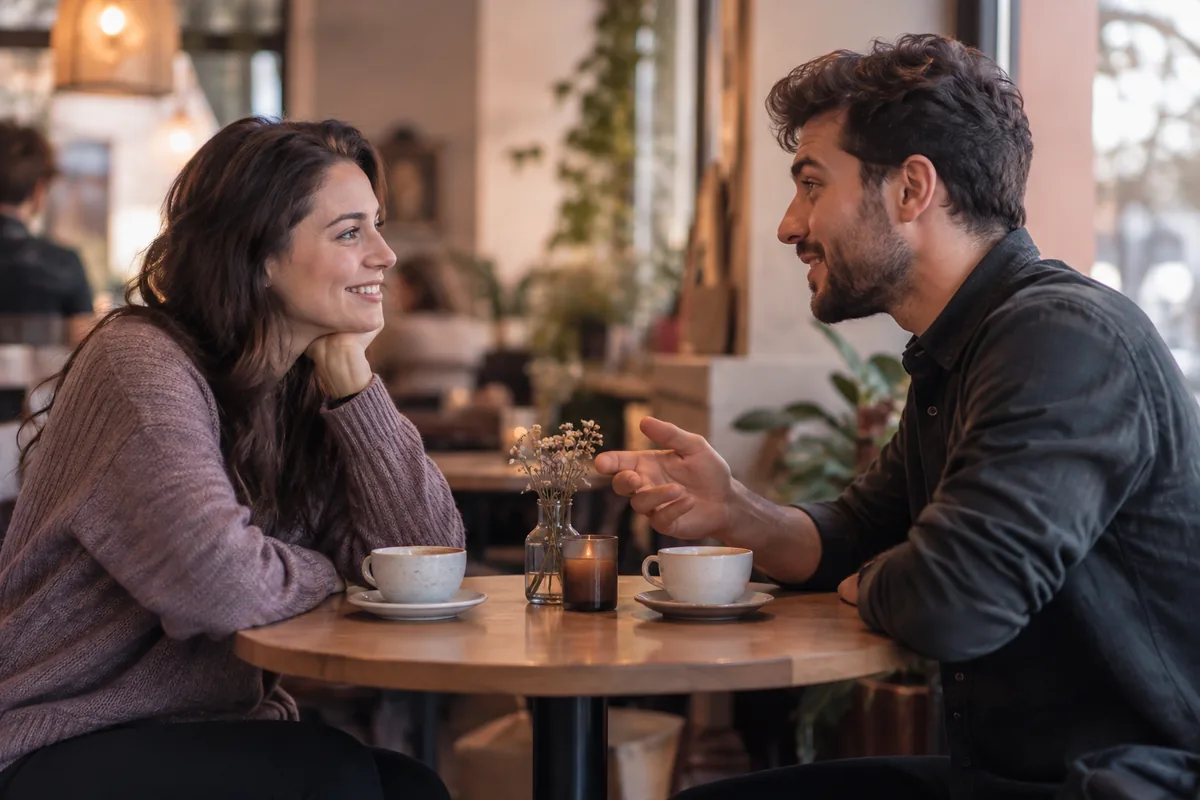 Two friends talking across a small cafe table over coffee