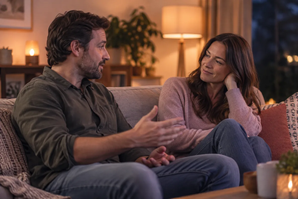 A couple on a sofa turned toward each other, one talking while the other listens