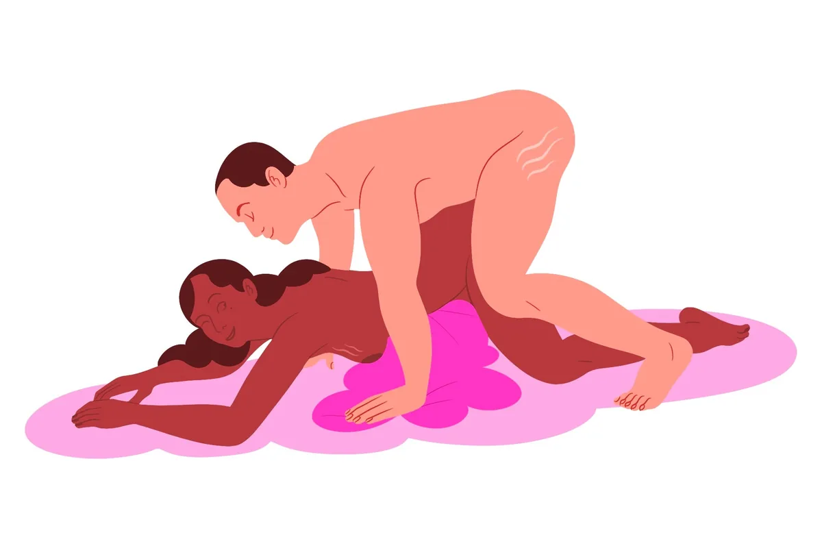 Flat illustration of a lowered-chest doggy variation with the front partner’s chest down on the bed
