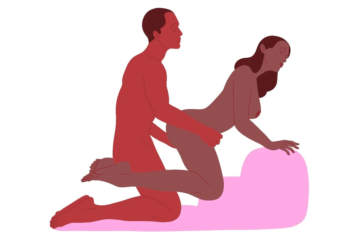 Flat illustration of a doggy variation with the front partner resting their chest on a large cushion