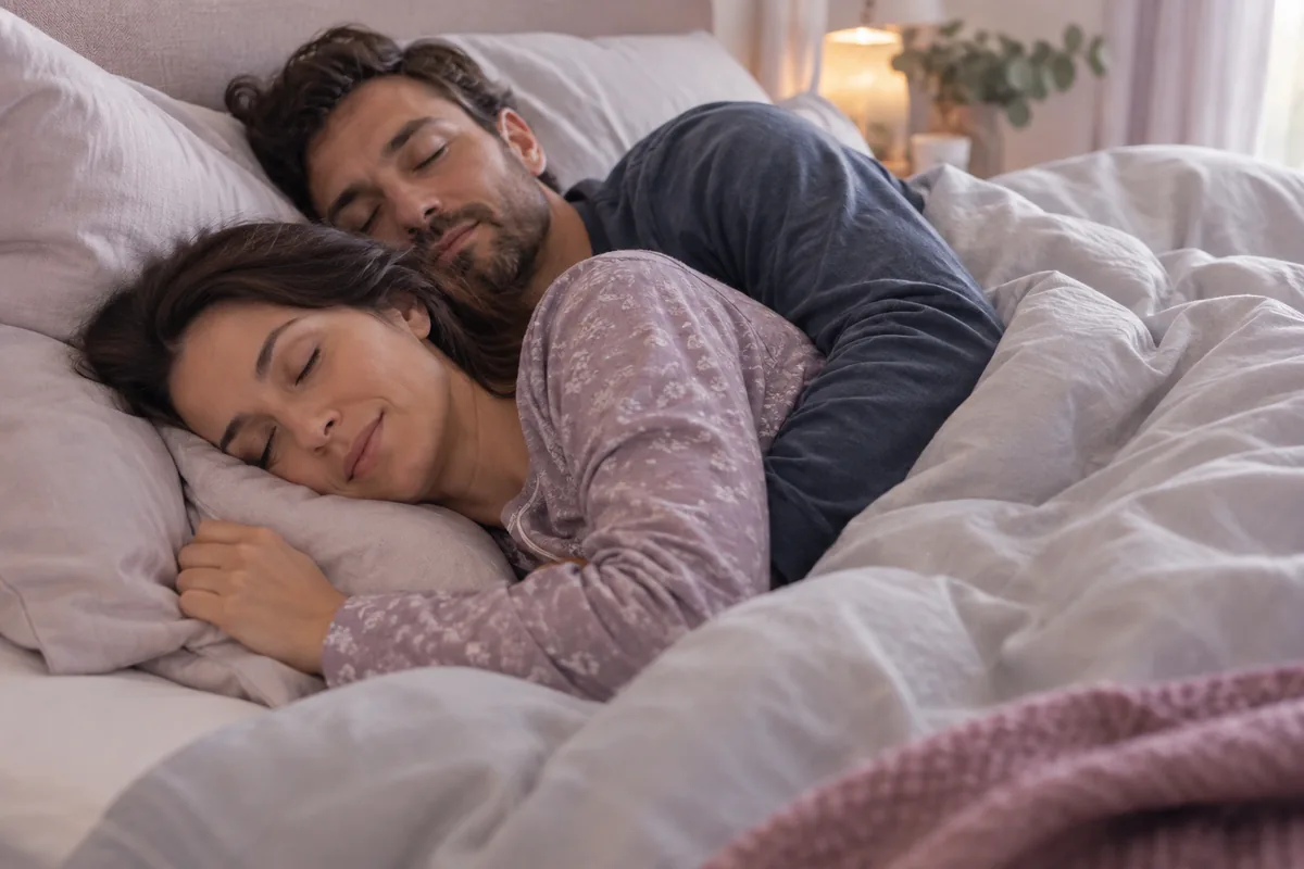 A clothed couple lying on their sides spooning under a light duvet