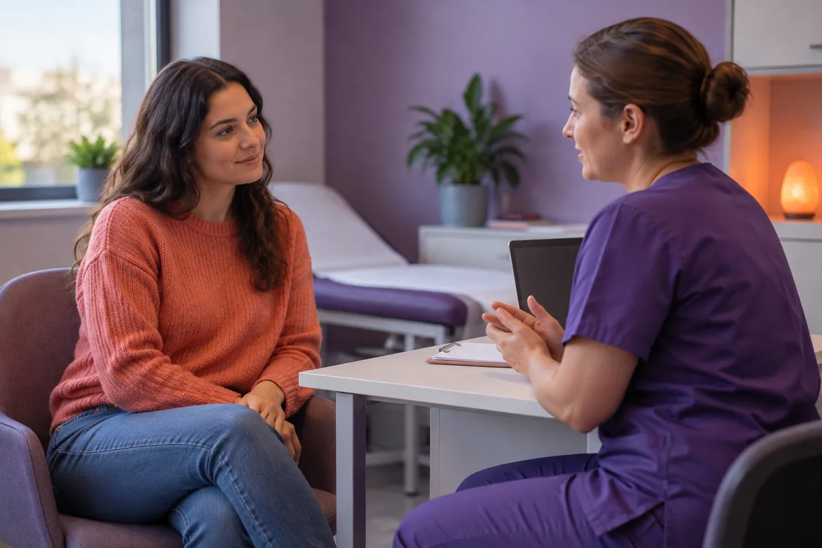 A patient talking with a nurse across a desk in a clinic consultation room